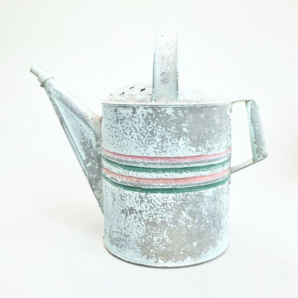 1940s Vintage Painted Striped Farmhouse Galvanized Garden Watering Can 14” 2.5g